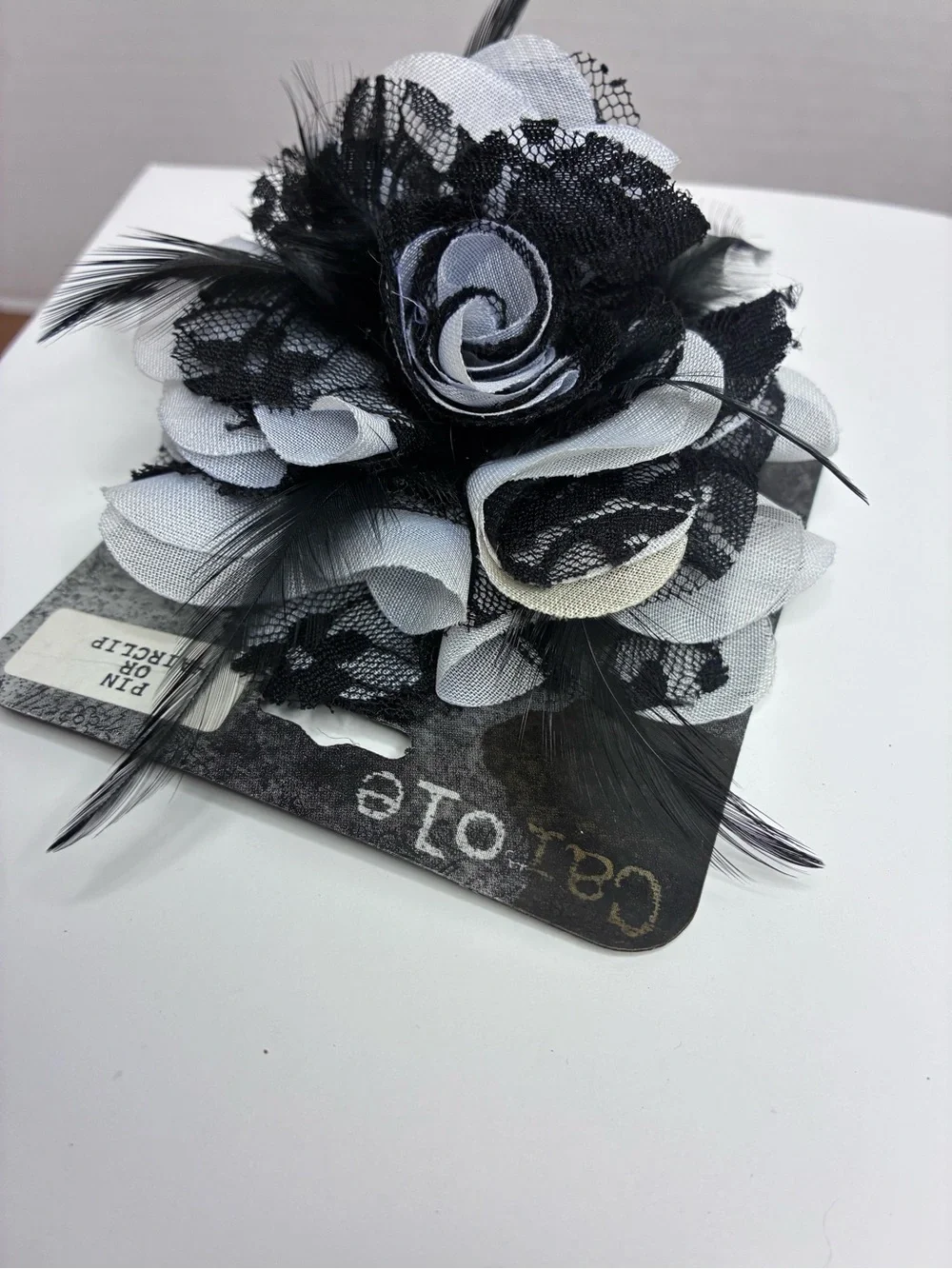Carole Black And White Floral Feather Brooch And Hair Clip Gothic Emo Style